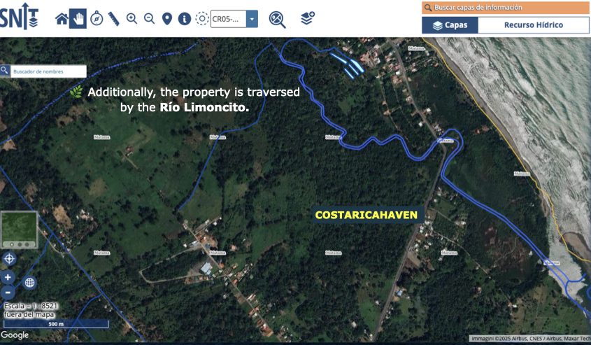 Aerial Property Overview. Google Maps aerial view of the property at 9°55'22.9"N 83°00'17.7"W, showing full layout, boundaries, and strategic roadfront.